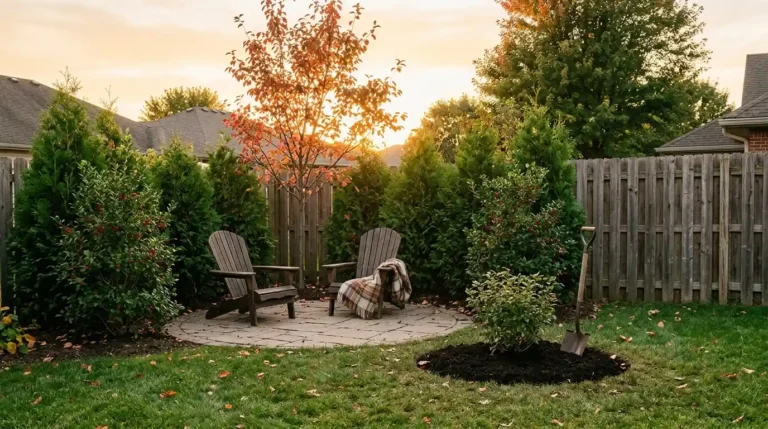 Cozy backyard tree and hedge ideas: fall patio inside an arborvitae and holly screen with a red serviceberry