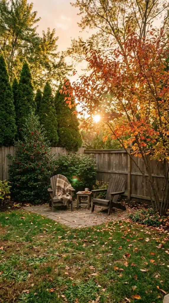 Cozy backyard tree and hedge ideas: fall patio wrapped in arborvitae, holly, and a red serviceberry