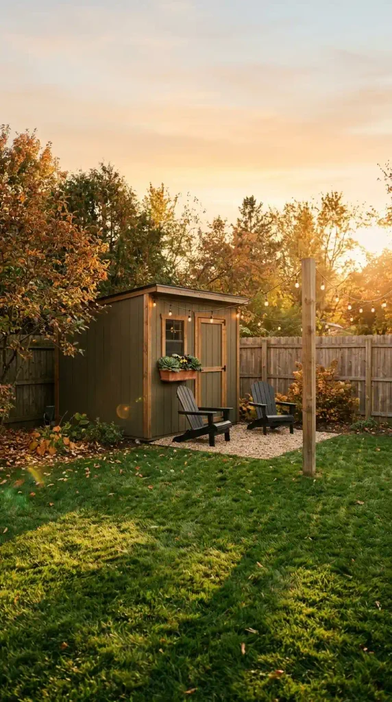 Cozy backyard with a shed: olive shed, gravel landing, Adirondack chairs, and café string lights at golden hour