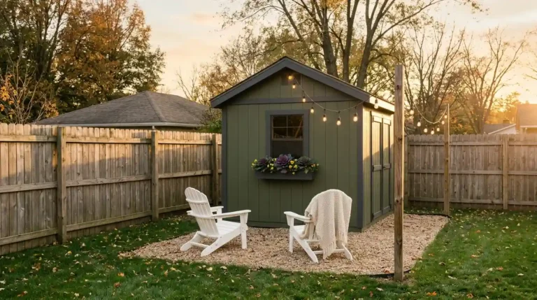 Cozy backyard with a shed: olive shed, window box, Adirondack chairs on gravel, and café string lights at golden hour