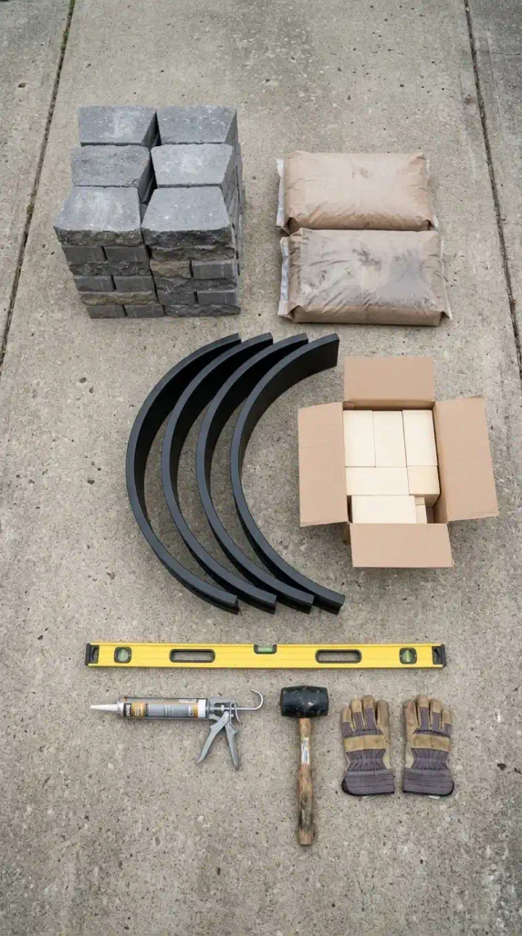 DIY fire pit with pavers materials flat-lay: wall blocks, steel ring sections, paver base, fire brick, and tools