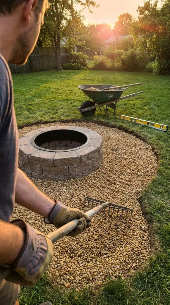 DIY gravel fire pit build: raking pea gravel around a new block fire pit at sunset