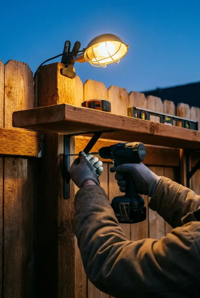 DIY outdoor corner bar ledge being screwed onto cedar fence posts at 42 inches high at dusk