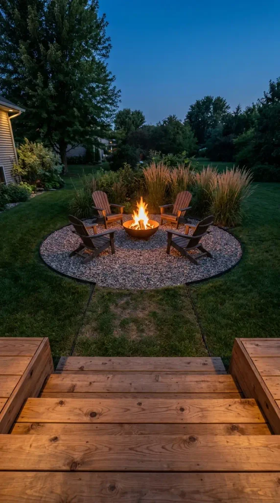 Deck fire pit idea: deck steps leading down to a pea gravel fire circle set well away from the house
