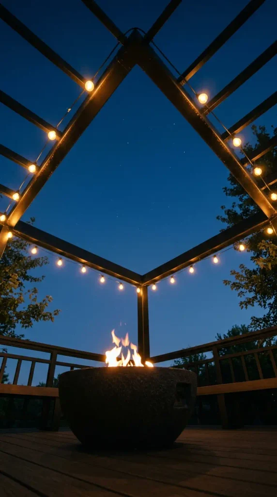 Deck with fire pit and pergola idea: open-center steel pergola with café lights above a gas fire bowl