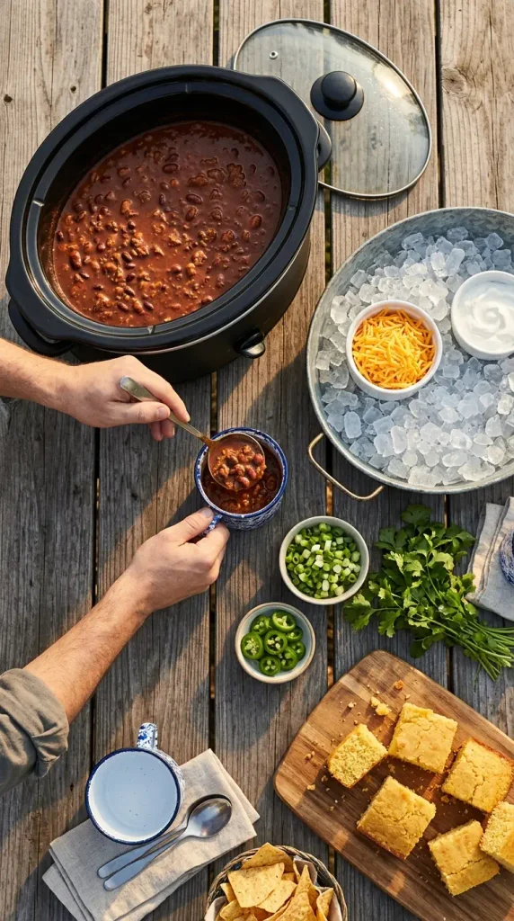 Fall backyard party chili bar with a slow cooker and toppings nested in ice