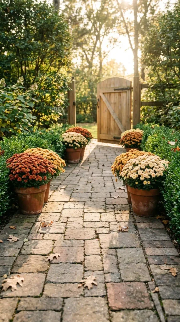 Fall backyard party entrance with rust and gold mums lining a paver path to the gate