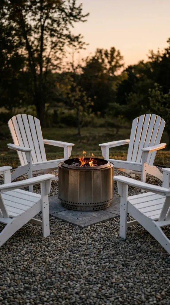 Fall backyard party fire circle with a smokeless pit and white Adirondack chairs on pavers at dusk