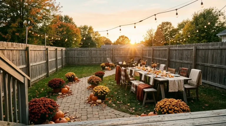Fall backyard party ideas in action: café lights over a harvest table and mums along a paver path at golden hour