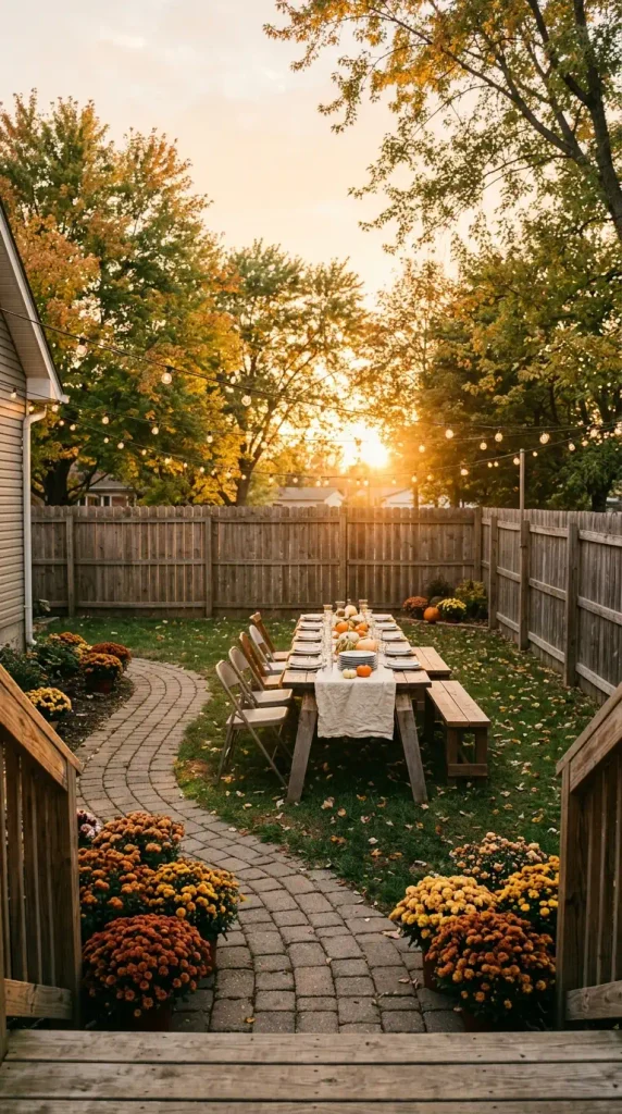 Fall backyard party ideas in action: café lights over a harvest table and mums along a paver path at golden hour