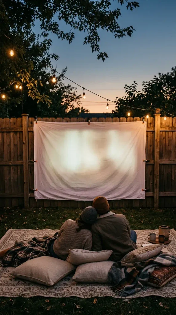 Fall backyard party movie night with a bedsheet screen and floor cushions at dusk