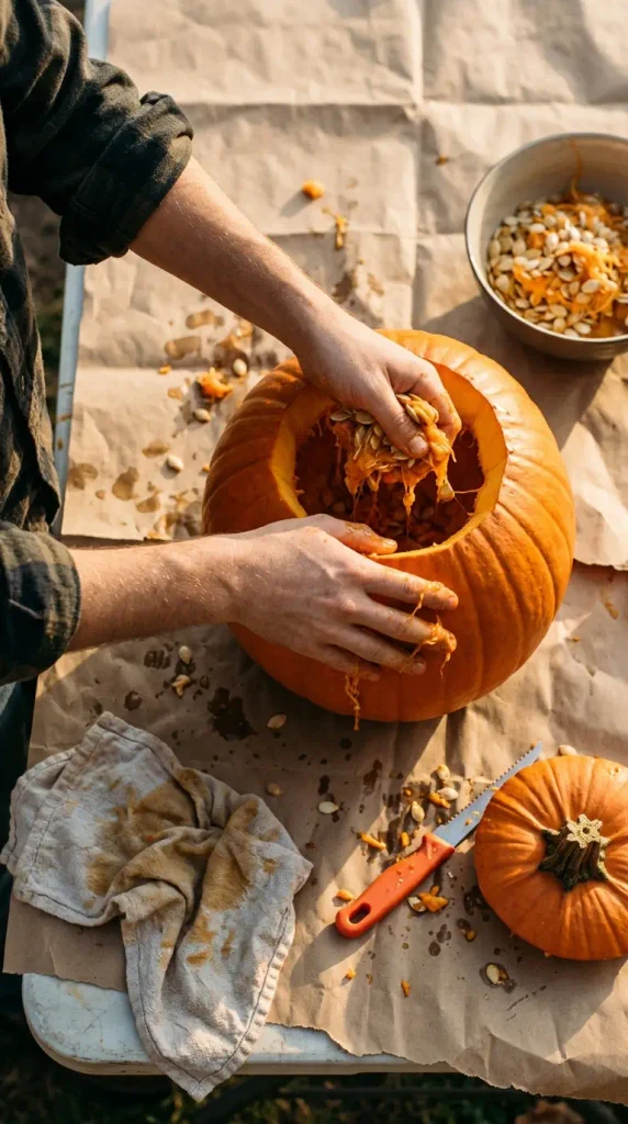 Fall backyard party pumpkin carving: hands scooping seeds on a kraft paper table