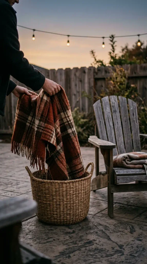 Fall backyard party warmth: a basket of wool throws beside an Adirondack chair
