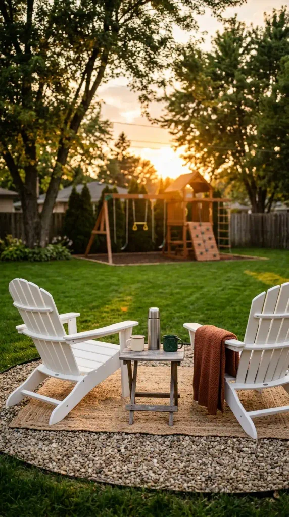 Fall backyard play area ideas: Adirondack chairs on gravel facing a cedar swing set