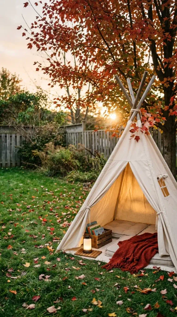 Fall backyard play area ideas: canvas teepee reading nook with rust wool throw and book crate
