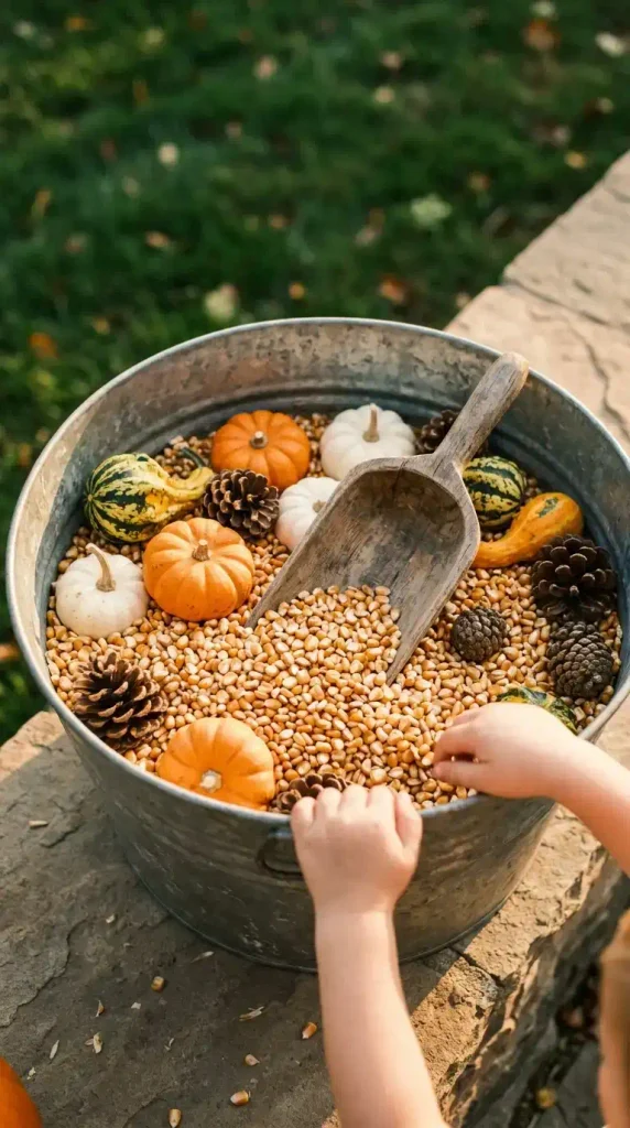 Fall backyard play area ideas: cedar mud kitchen with enamel bowls and acorn muffin tin by a fence