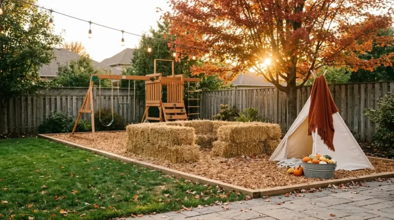 Fall backyard play area ideas: cedar swing set, straw bale maze, and teepee at golden hour