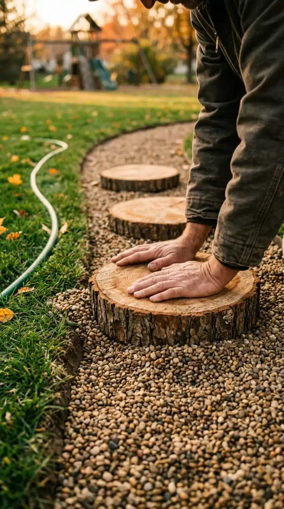 Fall backyard play area ideas: hands setting a cedar round stepping stone in pea gravel