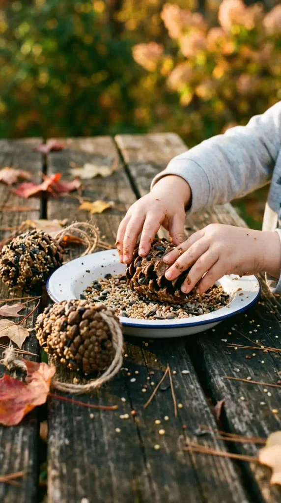 Fall backyard play area ideas: kids hands making pinecone bird feeders with birdseed and jute