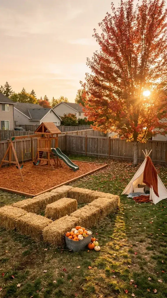 Fall backyard play area ideas: overhead view of a straw bale maze on green lawn at golden hour