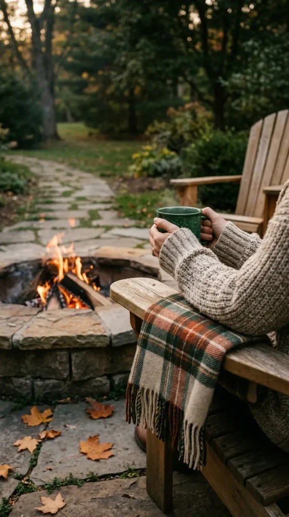 Fall evening at a flagstone fire pit with a mug, wool blanket, and a thyme stepping-stone path