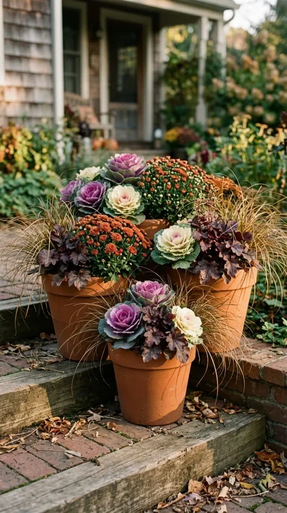 Fall flower pots with ornamental cabbage, copper mums, and coral bells on backyard porch steps