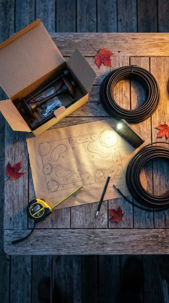 Fall landscape lighting plan sketch with a path light kit, cable, and maple leaves on a deck table