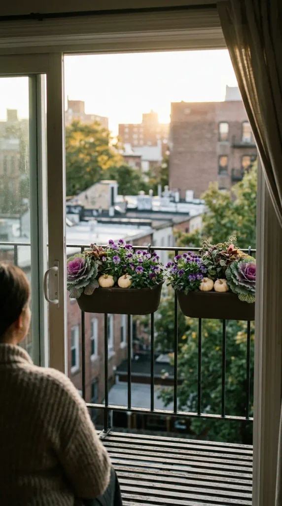 Fall planter decor idea for a renter balcony with rail boxes of violas, kale, and mini pumpkins