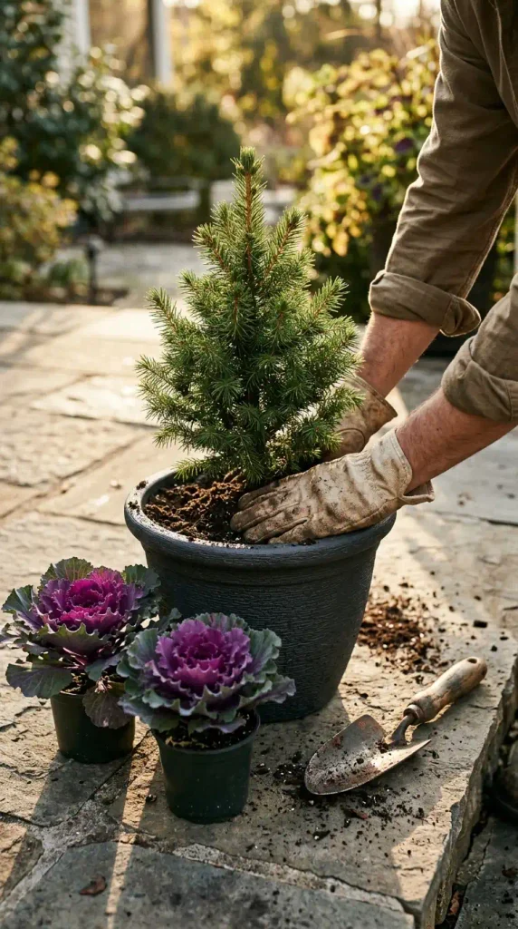 Fall planter decor idea in progress, gloved hands planting a dwarf spruce with kale for winter