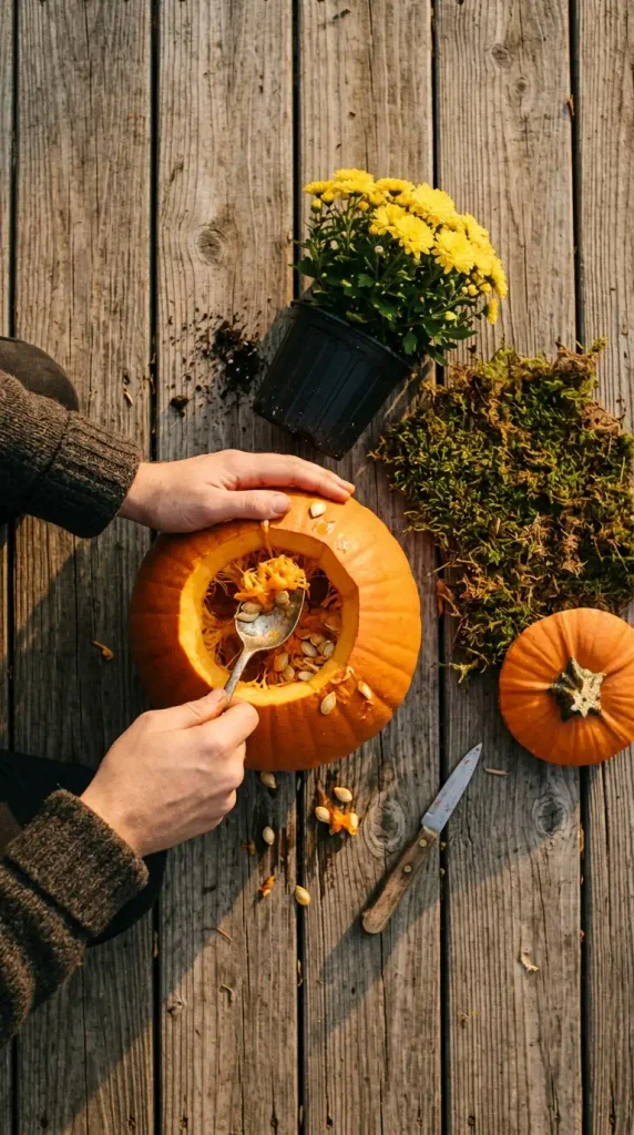 Fall planter decor idea in progress, hands hollowing a pumpkin to hold a potted yellow mum