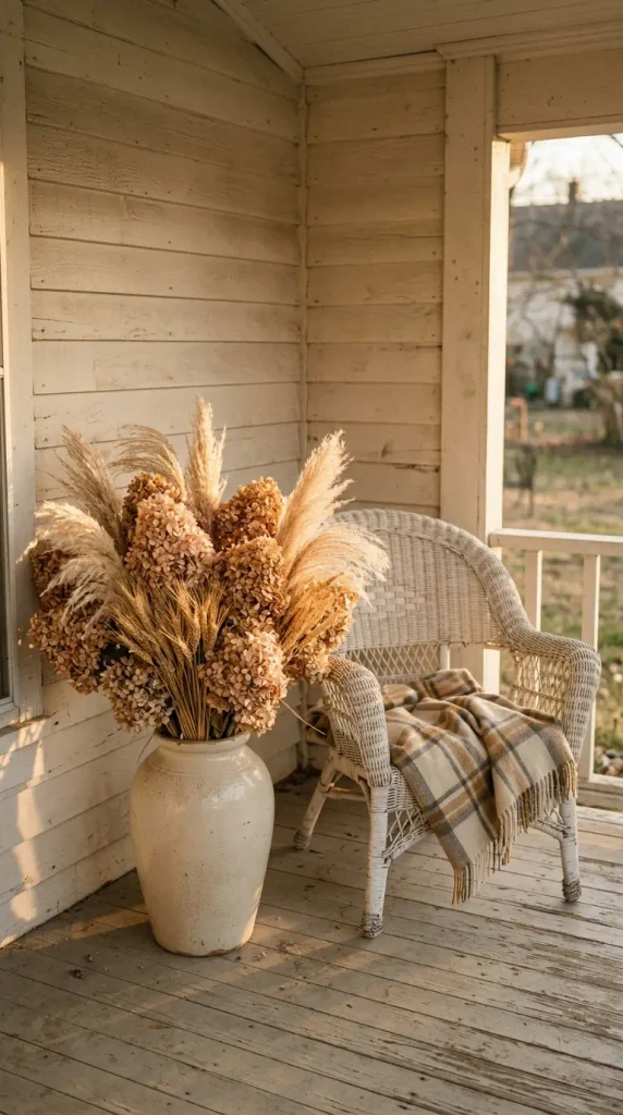 Fall planter decor idea with dried hydrangeas and wheat in a cream urn on a covered porch