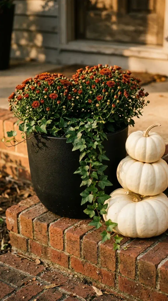 Fall planter decor idea with rust mums in a black pot beside stacked white pumpkins on brick steps
