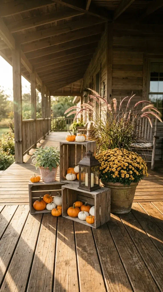 Fall planter decor idea with stacked wooden crates of pumpkins beside a mum and grass planter