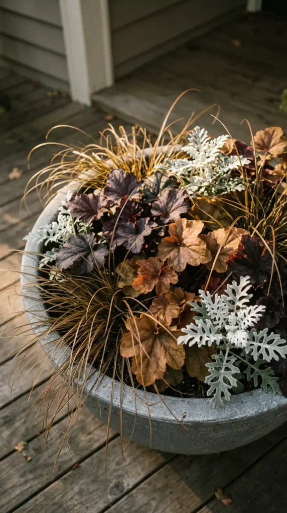 Fall planter decor idea without mums, using heuchera, bronze carex, and dusty miller in a shady gray pot