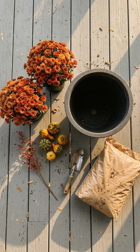 Fall planter decor ideas on a budget, flat lay of a resin pot, two mums, gourds, and a berry pick