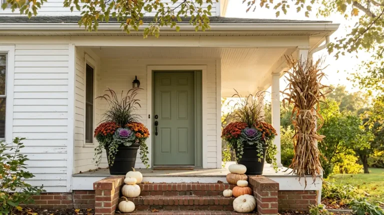 Fall planter decor ideas on a farmhouse porch with black pots of rust mums, kale, fountain grass, and pumpkins