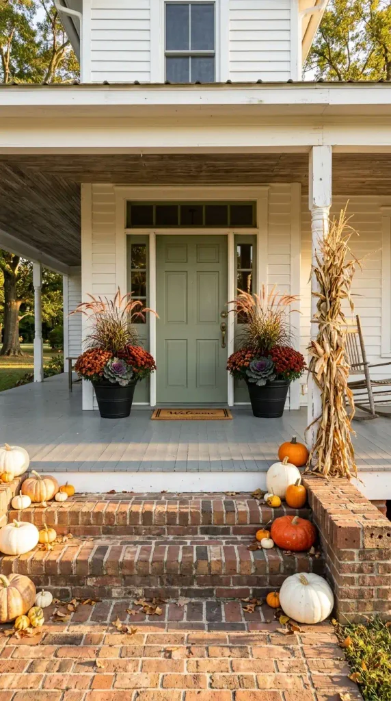 Fall planter decor ideas on a front porch with black pots of rust mums, kale, and stacked pumpkins