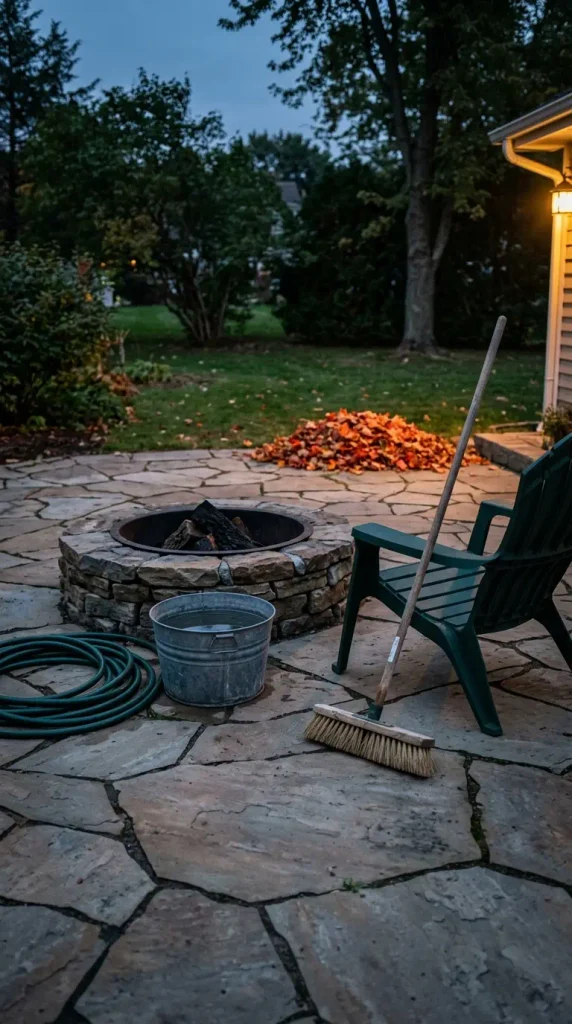 Fall prep for a fire pit with a patio: swept flagstone, water bucket, and hose beside an unlit ring