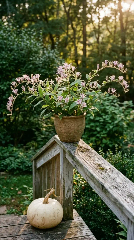 Fall shade decor ideas: a toad lily blooming on a shady porch rail in October