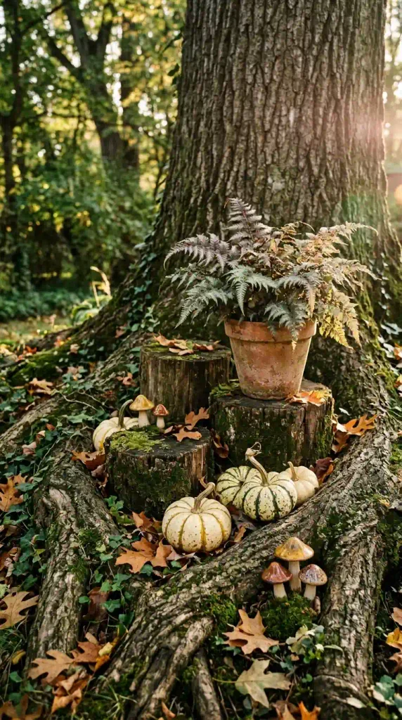 Fall shade decor ideas: a woodland vignette of fern, pumpkins, and mushrooms at an oak base
