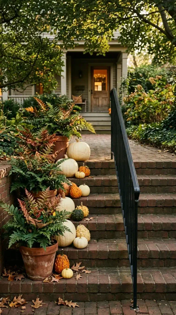 Fall shade decor ideas: autumn ferns and cream pumpkins staggered up shady brick steps