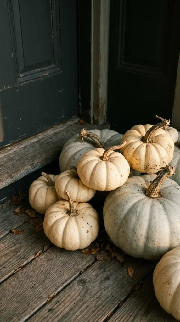 Fall shade decor ideas: cream and white pumpkins glowing in a dim porch corner at dusk