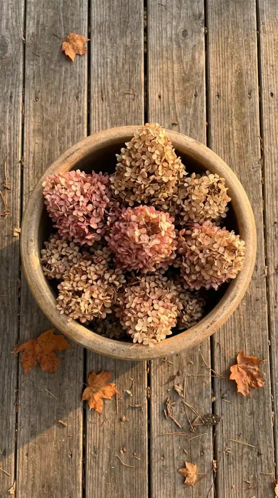 Fall shade decor ideas: dried panicle hydrangea stems in a stoneware crock