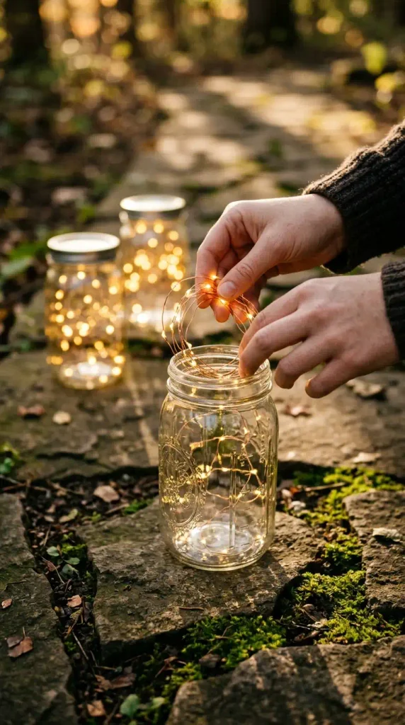 Fall shade decor ideas: hands placing fairy lights in mason jars on a shady path