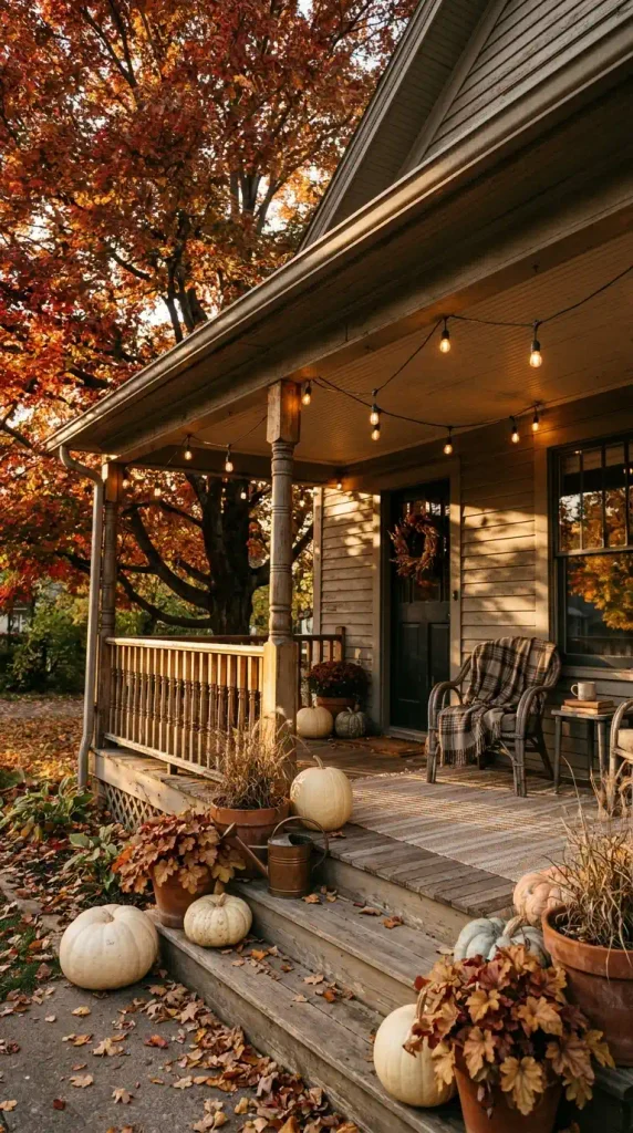 Fall shade decor ideas on a shaded porch with cream pumpkins, heuchera pots, and café lights