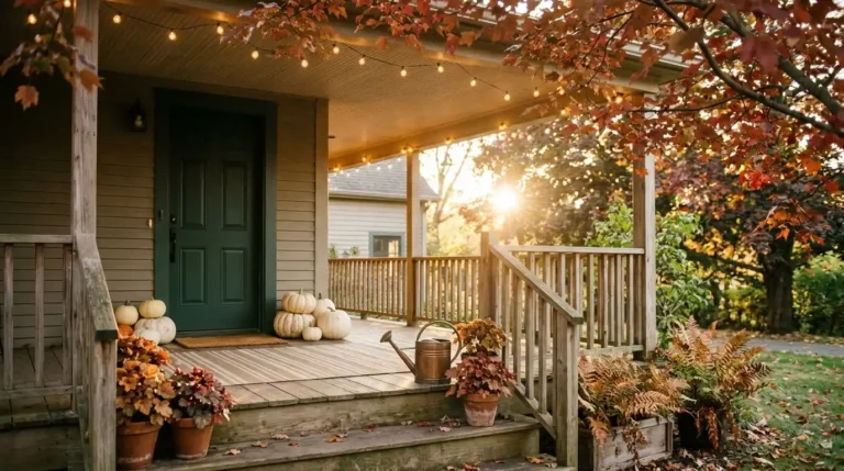 Fall shade decor ideas on a shady porch with cream pumpkins, heuchera pots, ferns, and café lights