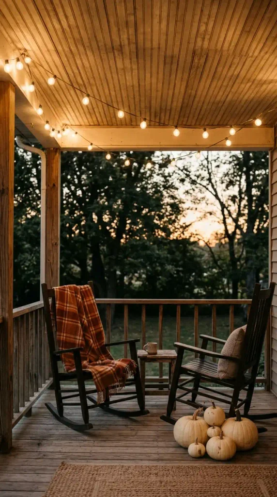 Fall shade decor ideas: warm café string lights glowing on a shady covered porch