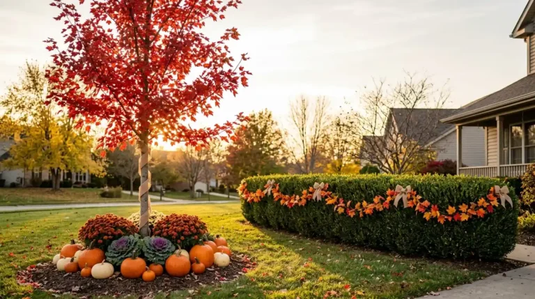 Fall tree and hedge decor ideas: red maple with burlap trunk wrap and pumpkins beside a boxwood hedge with leaf garland