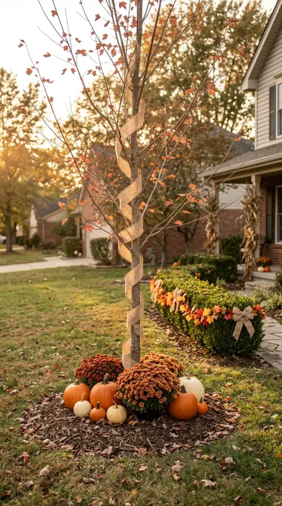 Fall tree and hedge decor ideas: red maple with burlap trunk wrap and pumpkins beside a boxwood hedge with leaf garland