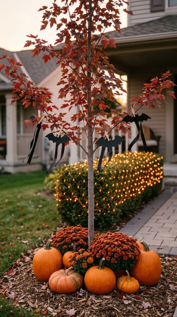 Fall tree and hedge decor switched for Halloween with black ribbon, clip-on bats, and an orange net light on a hedge